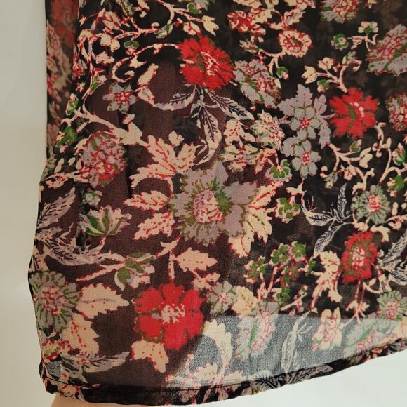 Zara Black Red Floral Print Ruffle Bib Long Sleeve Sheer Blouse Shirt Size XS - Picture 6 of 13